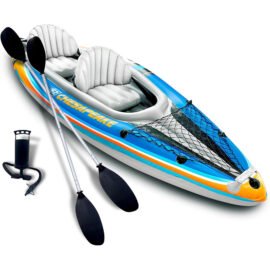 2-Person Inflatable Kayak with Aluminum Oars (136″ x 33″), High Output Air Pump and Storage Bag, Double Tandem Kayak for Adults